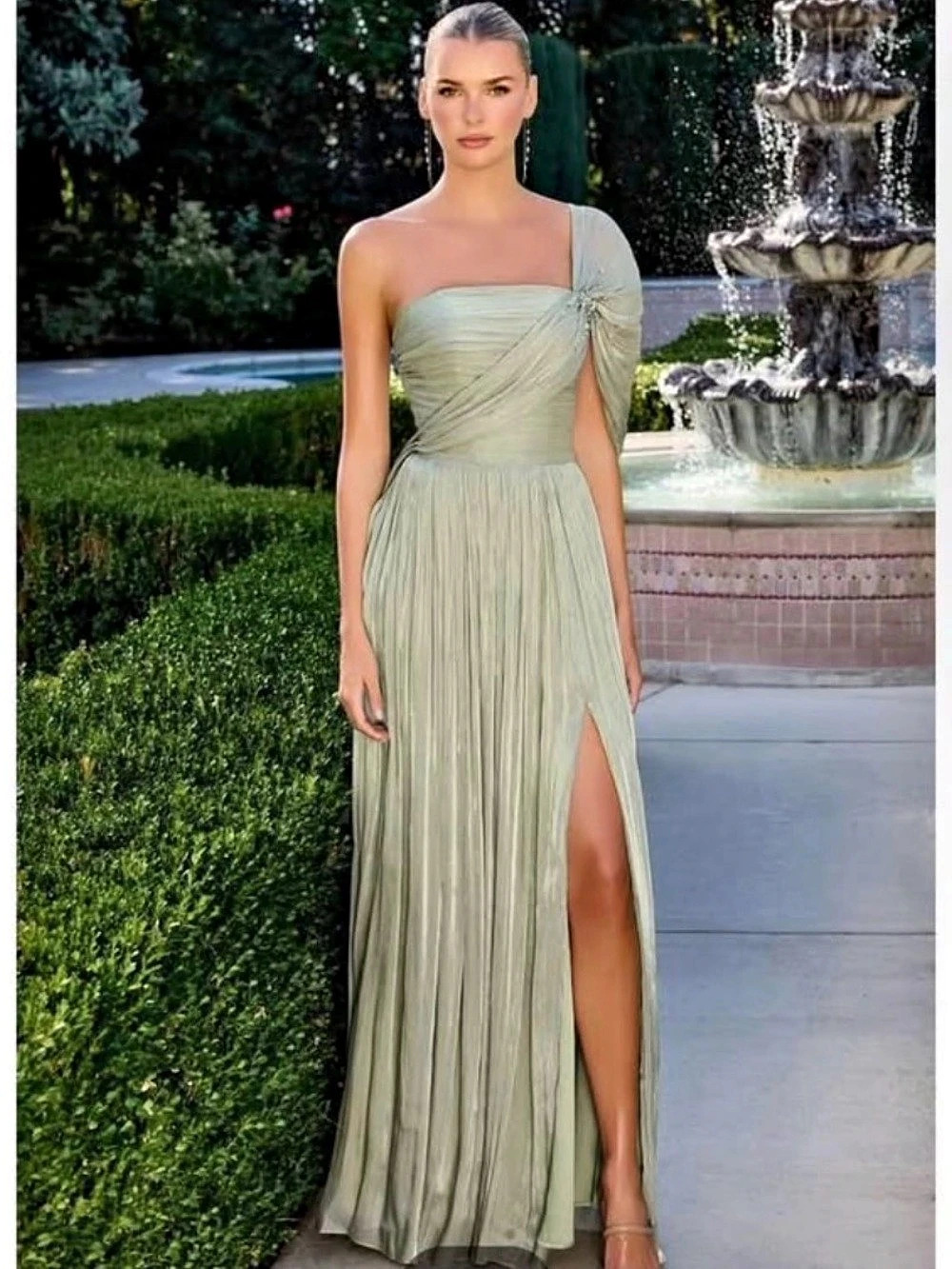 Cinderella Divine Chiffon One Shoulder A-line Slit Gown Green